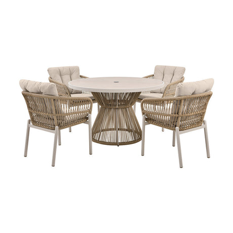 Martic Outdoor 4 Seater Dining Set with round white glass-top table and woven beige rope chairs on aluminium frames, cream cushions, set on a plain white background.