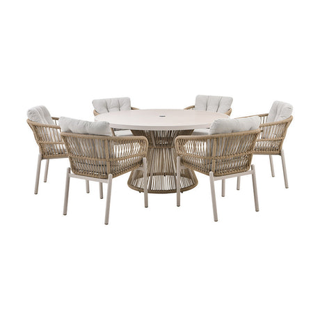 Martic Outdoor 6 Seater Dining Set with round white table and woven beige aluminium chairs with light grey cushions, shown on a plain white background.