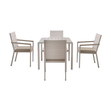 Aruba Outdoor 4 Seater Dining Set in beige, featuring a square slatted table with four aluminium-framed armchairs with putty cushions, on a plain white background.