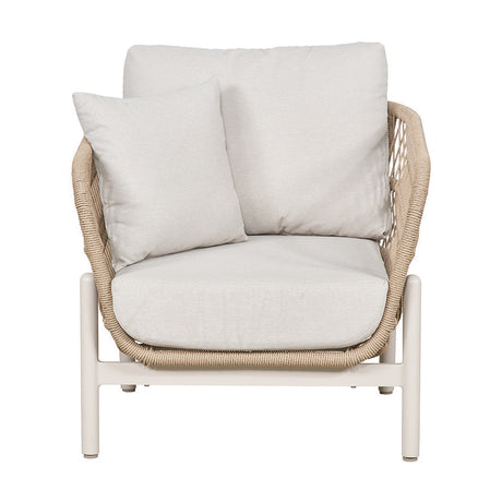Martic Outdoor Chair with a beige woven aluminium frame, plump off-white cushions, and a matching accent pillow, shown on a plain white background.