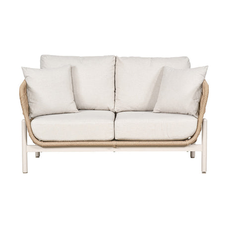Martic Outdoor 2 Seater Sofa with white aluminium frame, woven rope-effect sides, and beige cushions with matching scatter pillows, shown on a plain white background.