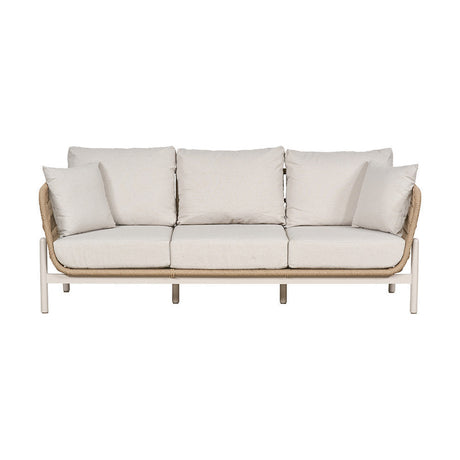 Martic Outdoor 3 Seater Sofa with cream cushions, aluminium frame and woven latte rope detailing, shown on a plain white background.