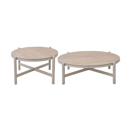 Martic Outdoor Set of 2 Tables, round wood-effect tops with beige aluminium X-frame legs, shown on a plain white background.