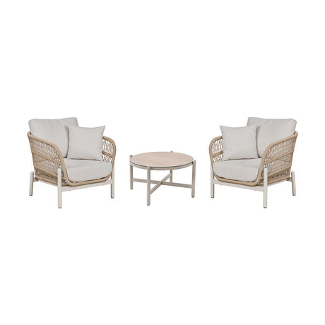 Martic Outdoor Bistro Set with two woven armchairs in latte finish, cream cushions, and a round 46cm aluminium-framed coffee table, shown on a plain white background.