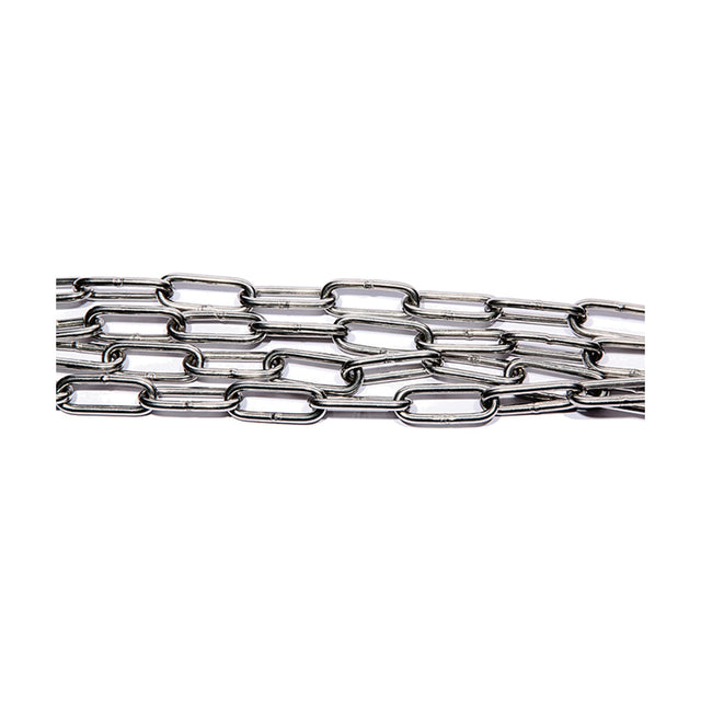 Stainless steel chain link, 200cm long, with elongated oval links in a polished chrome finish, shown coiled on a plain white background.