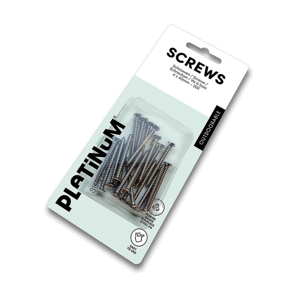 Platinum Screws pack of 20, marine grade stainless steel 4 x 40mm wood screws in blister packaging with header card, shown on a white background.