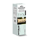 Platinum Mounting Set packaging for rectangular shade sails, showing snap hooks, pad eyes, turnbuckles, and a lifestyle image of a beige sail canopy on white background.