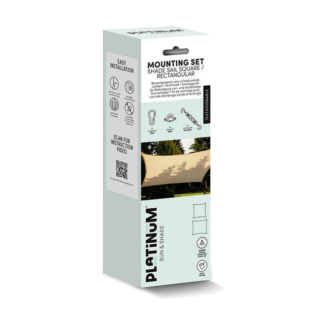 Platinum Mounting Set packaging for rectangular shade sails, showing snap hooks, pad eyes, turnbuckles, and a lifestyle image of a beige sail canopy on white background.