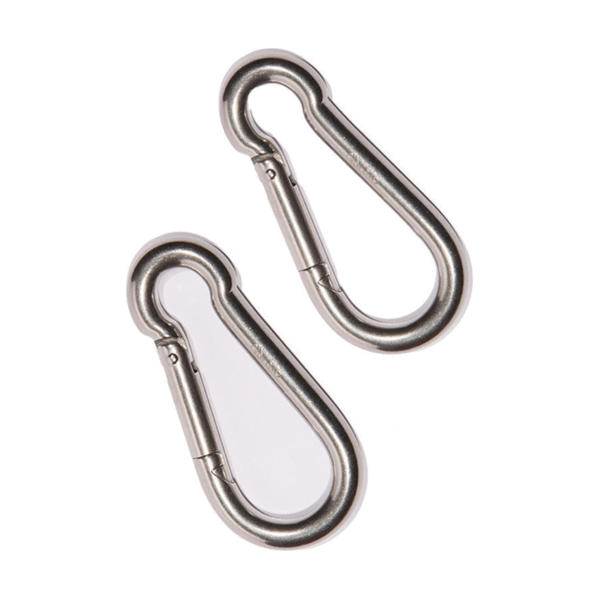 Two stainless steel snap hook carabiners with spring-loaded gates, shown on a plain white background, part of a mounting set for rectangular shade sails.
