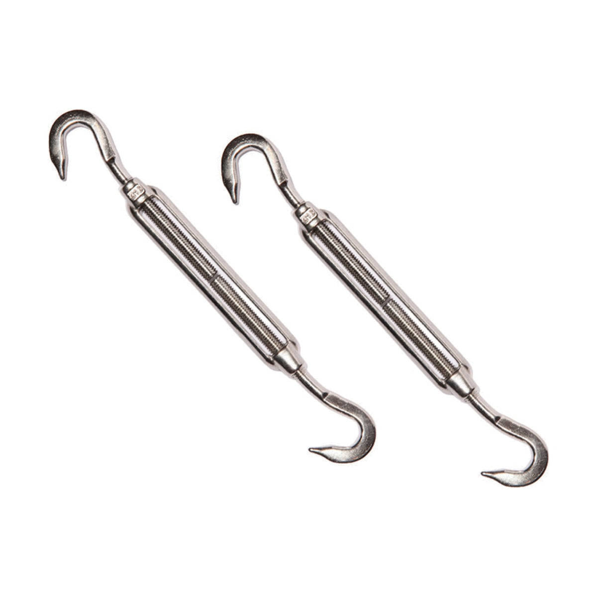 Pair of stainless steel turnbuckle mounting sets, 26cm, with hook ends and threaded barrel bodies, shown on a plain white background.