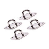 Set of four stainless steel mounting plates with D-shaped hooks and diamond-shaped screw bases for rectangular shade sails, shown on a plain white background.