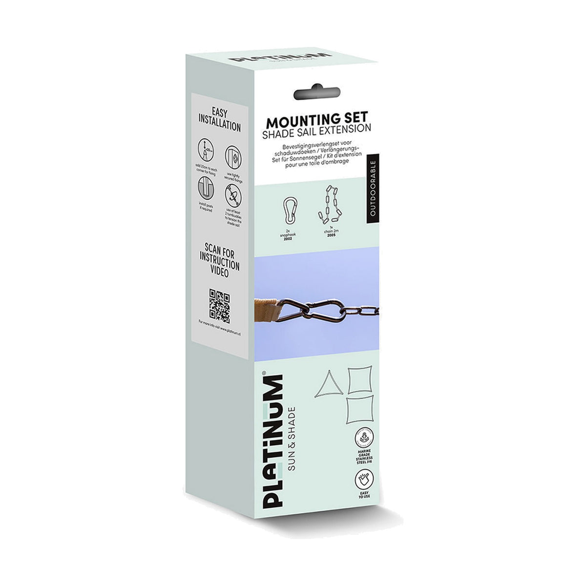 Packaging box for Extension Set For Shade Sails - 26cm, showing two carabiner hooks and a chain link, with installation icons and diagrams on a light grey box.