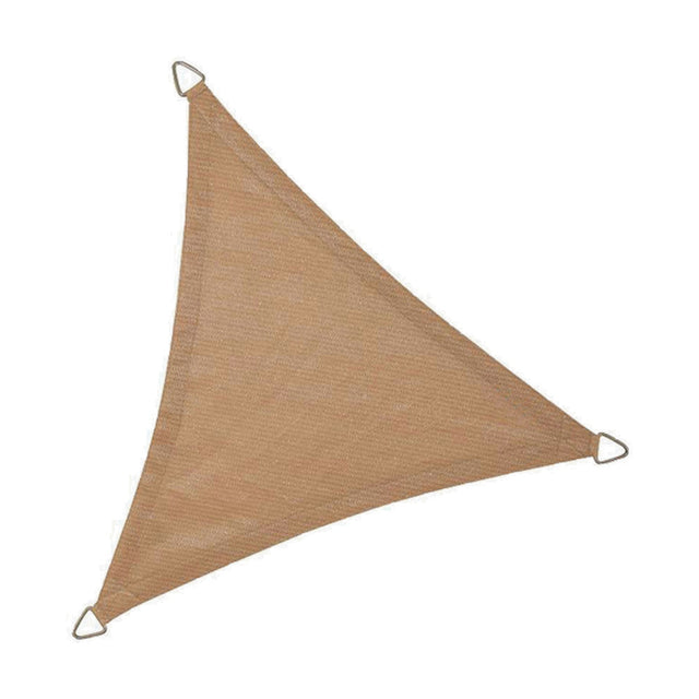 Triangle Shade Sail in sand-coloured woven fabric with reinforced corner rings and rope ties at each point, shown on a plain white background.