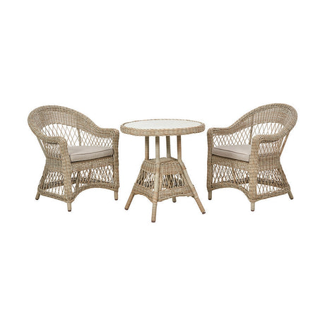 Pattaya Outdoor Bistro Set, 76cm, with a round glass-top table and two woven armchairs with cushioned seats in sand beige, on a plain white background.