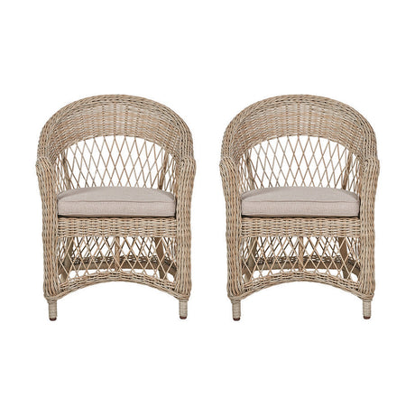 Pattaya Outdoor Set of 2 Dining Chairs, 85cm, with woven synthetic rattan curved backs, aluminium frames in sand, and cushioned seat pads, shown on a plain white background.