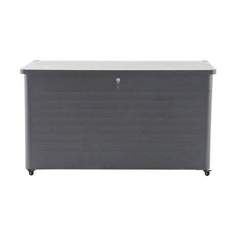 Rhode Island large galvanised steel cushion box in anthracite, front view with horizontal ribbed panelling, lockable lid, and castor wheels on a plain white background.