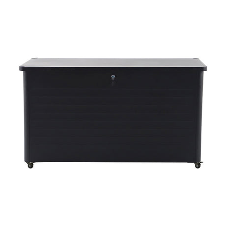 Rhode Island Large Galvanised Steel Cushion Box in black, 91cm tall garden storage chest with ribbed panel sides, lockable lid, and castor wheels, shown on a plain white background.
