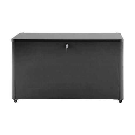 Rhode Island Small Galvanised Steel Cushion Box in black, a rectangular garden storage box with lockable lid and castor wheels, shown against a plain white background.