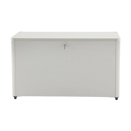 Rhode Island small galvanised steel cushion box in pebble grey, a lockable garden storage chest with flat lid and castor wheels, shown against a plain white background.