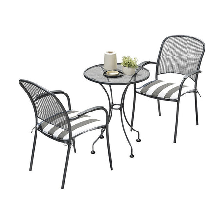 Carlo Bistro Set with Cushions in grey mesh steel, featuring a round table and two armchairs with grey and white striped seat cushions, shown on a plain white background.
