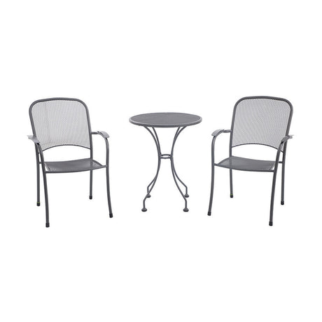 Carlo Bistro Set in grey mesh steel, featuring a round table with curved legs and two matching stacking armchairs, shown on a plain white background.