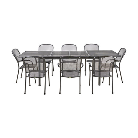 Carlo Extendable Rectangular 8 Seater Dining Set in grey mesh steel, with a rectangular table and eight matching mesh armchairs on a plain white background.