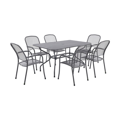 Carlo Rectangular 6 Seater Dining Set in grey mesh steel, with a rectangular table and six matching armchairs, shown on a plain white background.