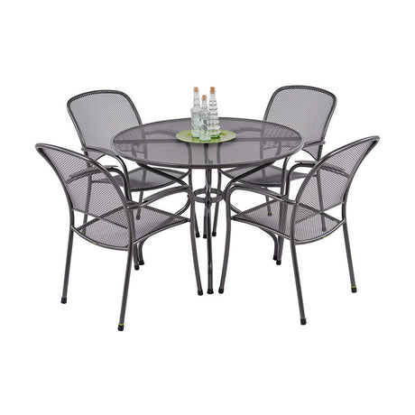 Carlo 4 Seater Dining Set in iron grey steel, featuring a round mesh table with glass bottles and four matching mesh-back armchairs, shown on a white background.