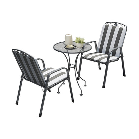 Savoy Bistro Set with Cushions, a round 92cm mesh table with two grey steel armchairs featuring monochrome striped fabric cushions, shown on a plain white background.