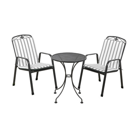 Savoy Bistro Set with round black metal mesh table and two matching chairs featuring grey and white striped cushions, shown on a plain white background.