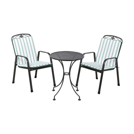 Savoy Bistro Set with a round black metal mesh table and two black metal chairs featuring sage green and white striped cushions, on a plain white background.