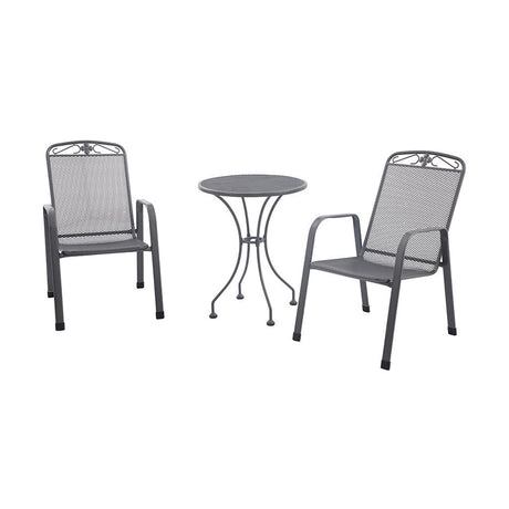 Savoy Bistro Set in iron grey steel, featuring a round mesh table and two stacking mesh chairs with armrests, on a plain white background.