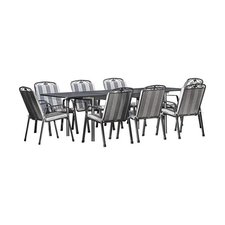 Savoy Extendable Rectangular 8 Seater Dining Set in grey steel with woven chairs and striped cushions, set on a plain white background.