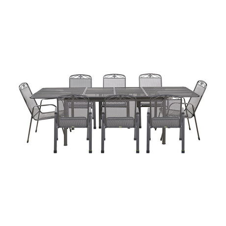 Savoy Extendable Rectangular 8 Seater Dining Set in grey steel mesh, with a rectangular table and eight matching armchairs, shown on a plain white background.