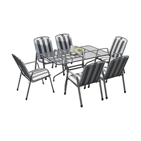Savoy Rectangular 6 Seater Dining Set with glass-top table and mesh-back chairs in grey and white striped fabric, steel frame, shown on a plain white background.