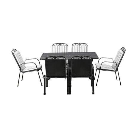 Savoy rectangular 6-seater garden dining set with black metal-frame table and six chairs featuring grey striped cushions, shown on a plain white background.