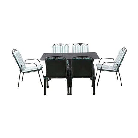 Savoy Rectangular 6 Seater Dining Set with a black metal table and six stacking chairs featuring sage green and white striped cushions, shown on a plain white background.