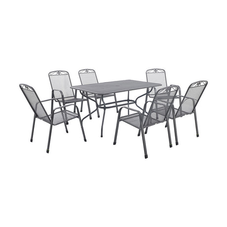 Savoy Rectangular 6 Seater Dining Set in grey steel with a mesh-pattern rectangular table and six stackable mesh-back armchairs, shown on a plain white background.