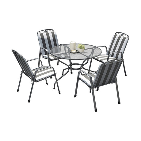 Savoy 4 Seater Dining Set with Cushions, 57cm round mesh table with four stacking chairs in grey steel and black-and-white striped cushions, on a plain white background.