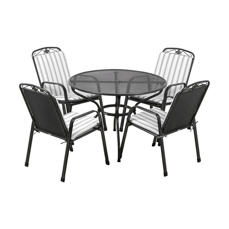 Savoy round 4 seater garden dining set with black metal mesh table and four stacking chairs with grey striped cushions, on a plain white background.