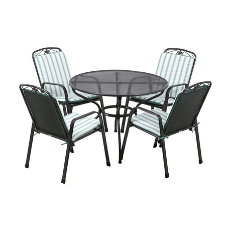 Savoy round 4-seater garden dining set with black metal mesh table and four stacking chairs featuring sage green and white striped cushions, on a white background.