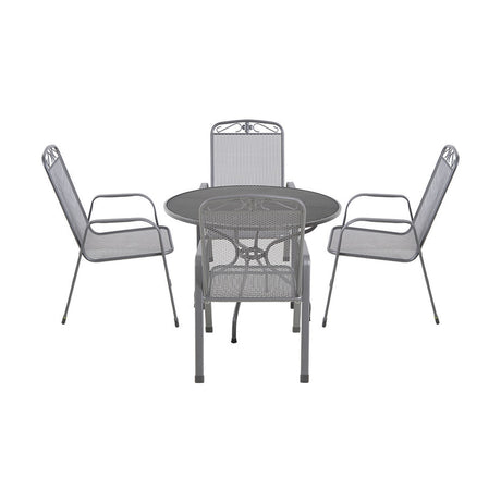 Savoy 4 Seater Dining Set in grey mesh steel, featuring a round 57cm table and four matching mesh-back armchairs, shown on a plain white background.