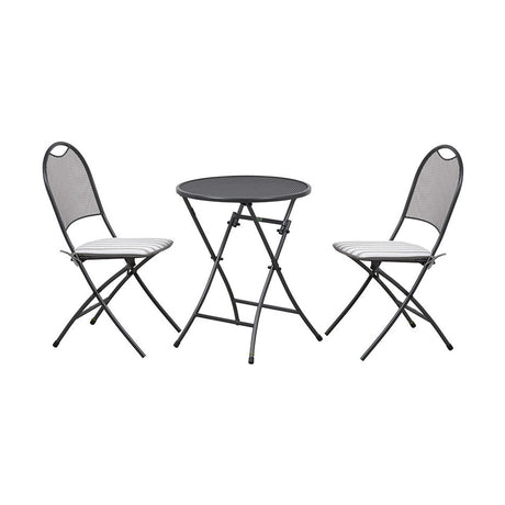 Cafe Latte Balcony Folding Round Set with a round mesh-top table and two folding mesh-back chairs with grey striped cushions, in a dark grey metal finish on a plain white background.