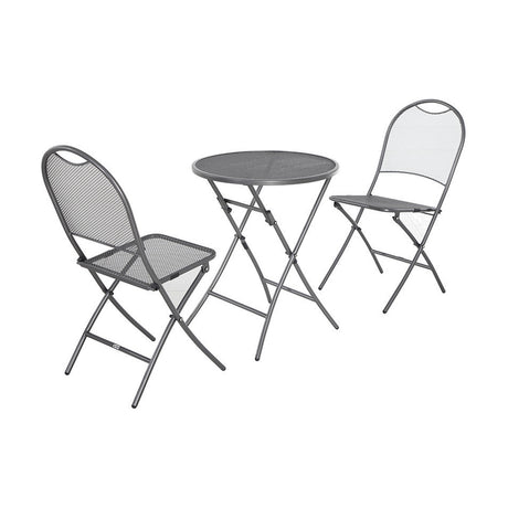 Café Latte Balcony Folding Set, 60cm round mesh table with two folding mesh chairs, all in grey steel, shown on a plain white background.