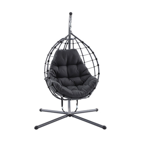 Lyon Anthracite Outdoor Single Hanging Chair with teardrop-shaped steel wicker frame, tufted cushion, and cross-base stand, shown on a plain white background.
