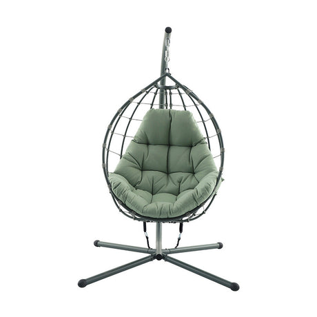 Lyon egg-shaped hanging chair with woven grey frame, moss green padded cushion, and cross-leg metal stand with hanging hook, shown on a white background.