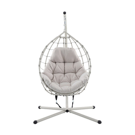Lyon Putty Outdoor Single Hanging Chair with teardrop rattan-effect frame, grey cushioned seat, and steel stand, shown on a plain white background.