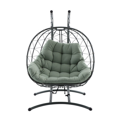 Lyon Moss Green Outdoor Double Hanging Chair with woven wicker-style dome frame, tufted moss green cushion, and hanging brackets, shown on a plain white background.