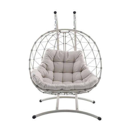 Lyon Putty Outdoor Double Hanging Chair with round rattan-effect basket, hanging frame, and padded cushioned seat on an arched steel stand, shown on a plain white background.