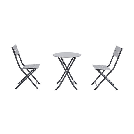 Rennes Anthracite Outdoor Bistro Set with round table and two folding chairs, steel frames with slatted seats and grey tabletop, on a plain white background.